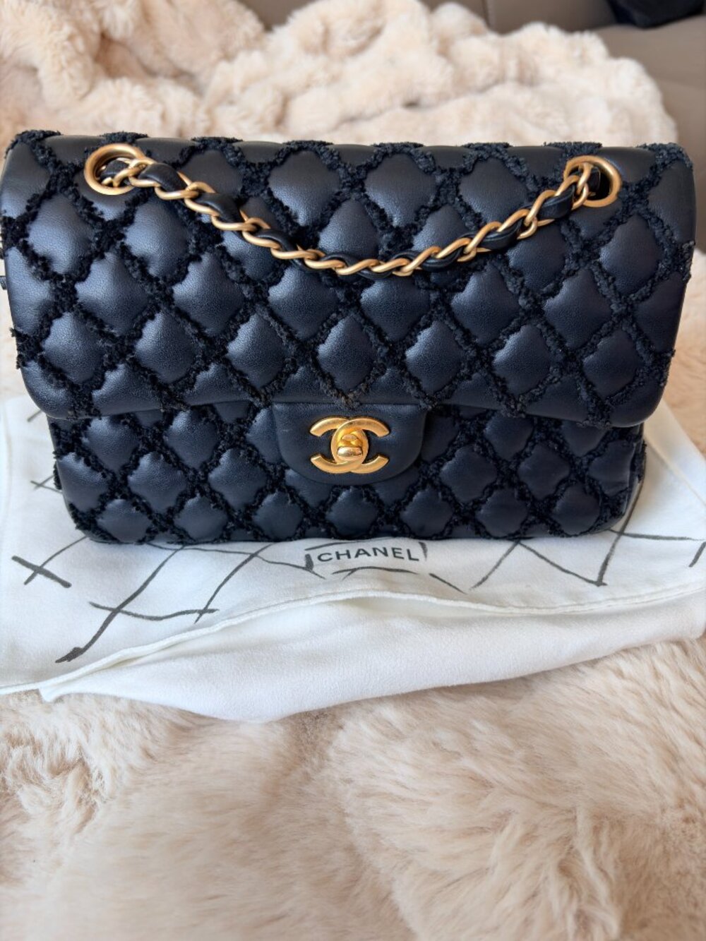 CHANEL *RARE* Matelasse Lambskin x Fabric Double Flap Double Chain Bag